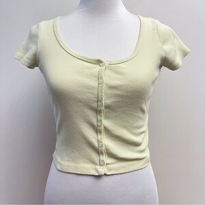 Brandy Melville Light Green Ribbed Button Up Cropped Short Sleeve Henley